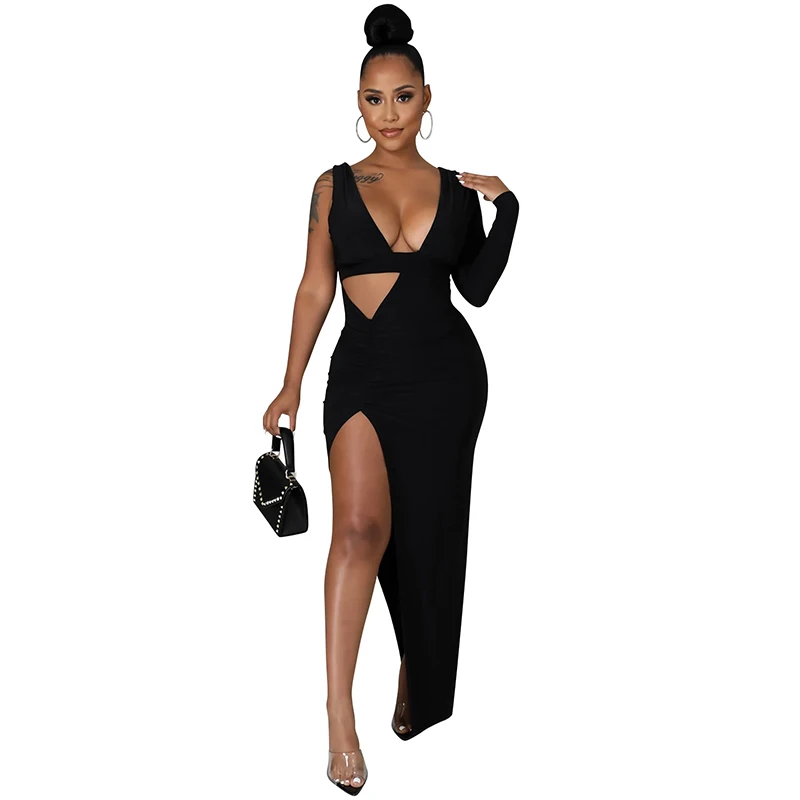 

Sexy V-Neck Single Sleeve Bodycon Dress Women Hollow Out Newest Slim Shean Dress Elegant Party Clubwear Vestidos Ropa Mujer