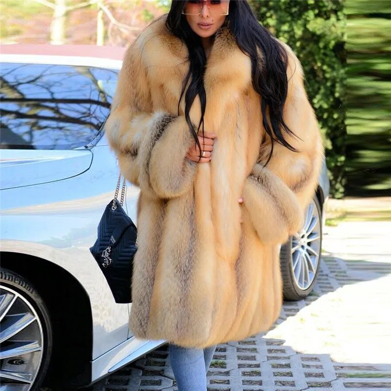 Fashion Genuine Fox Fur Jacket Long With Lapel Collar Whole Skin Natural Fox Fur Coats For Women Luxury Overcoat Russian Winter