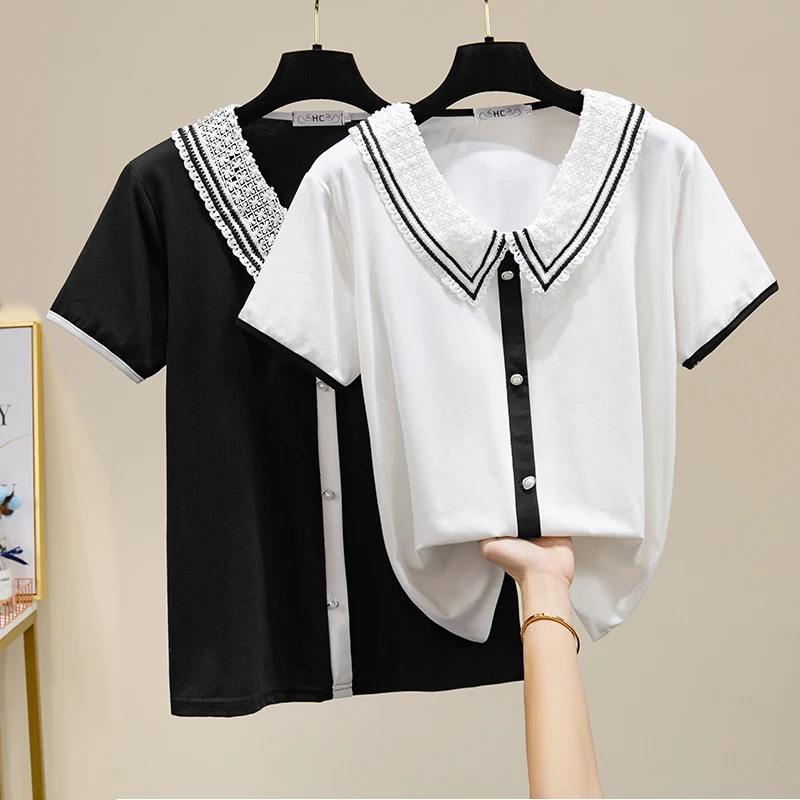 

Black/White 2021 Summer Women Elegant Tee Short Sleeve Lace Patchwork T-Shirt Hollow Out Single-breasted Tees Womens Casual Tops