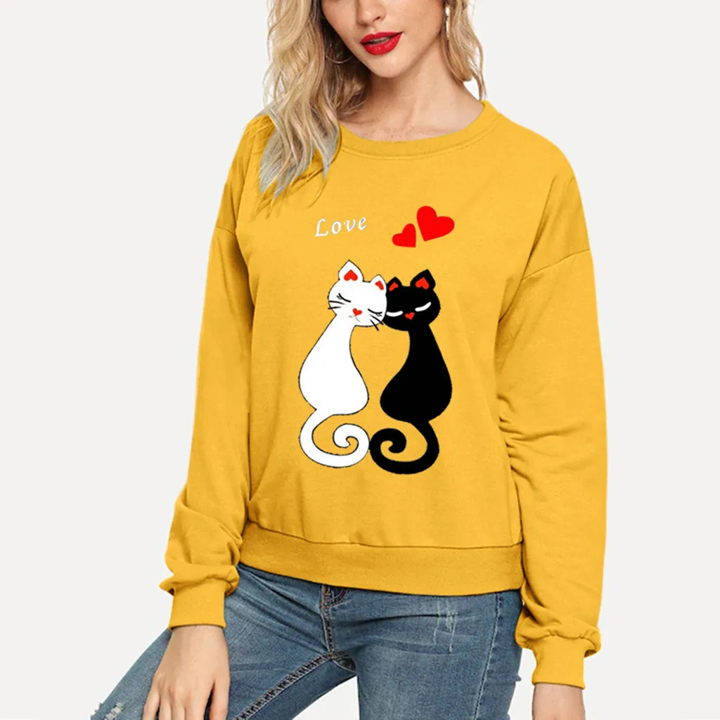 

FREE OSTRICH sweater Women Love Cat Print Long Sleeves O-Neck Loose Fashion Autumn Winter Sweater Women Invierno 2019