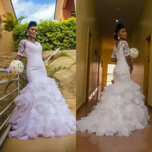 Elegant African White Mermaid Wedding Dresses Appliques Lace Tiered Skirt Half Sleeve Long Bridal Gowns Robe De Mariee