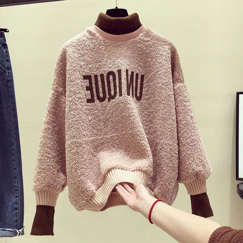 

Autumn Winter New Suits Women Velvet Sweatshirts Thickened Pullover Turtleneck Women'S Sets Leisure Two-Piece Tops And Pants