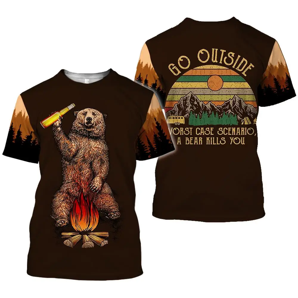 Мужская футболка с 3D принтом коричневого медведя летняя модная для кемпинга в