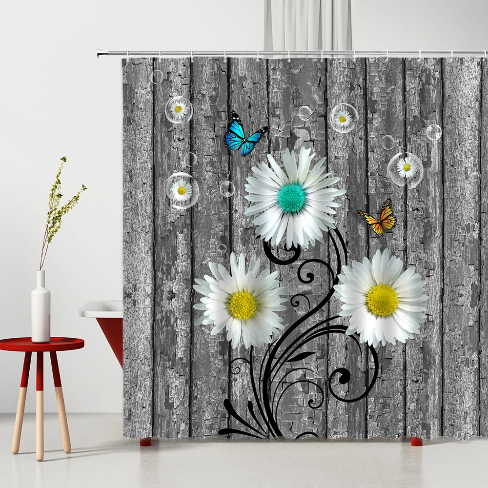 

Shower Curtain Old Wood Grain Stripe Flower Butterfly Springtime 3D Printed Waterproof Polyester Bathroom Curtains Set With Hook