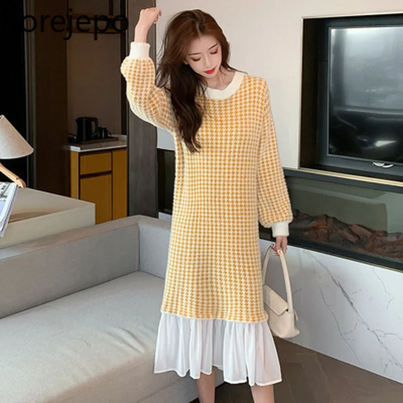 

Korejepo Women Dress 2021 Autumn New French Retro Sweet Gentle Style Plaid Mesh Stitching Mid-Calf Long Knitted Dress Female