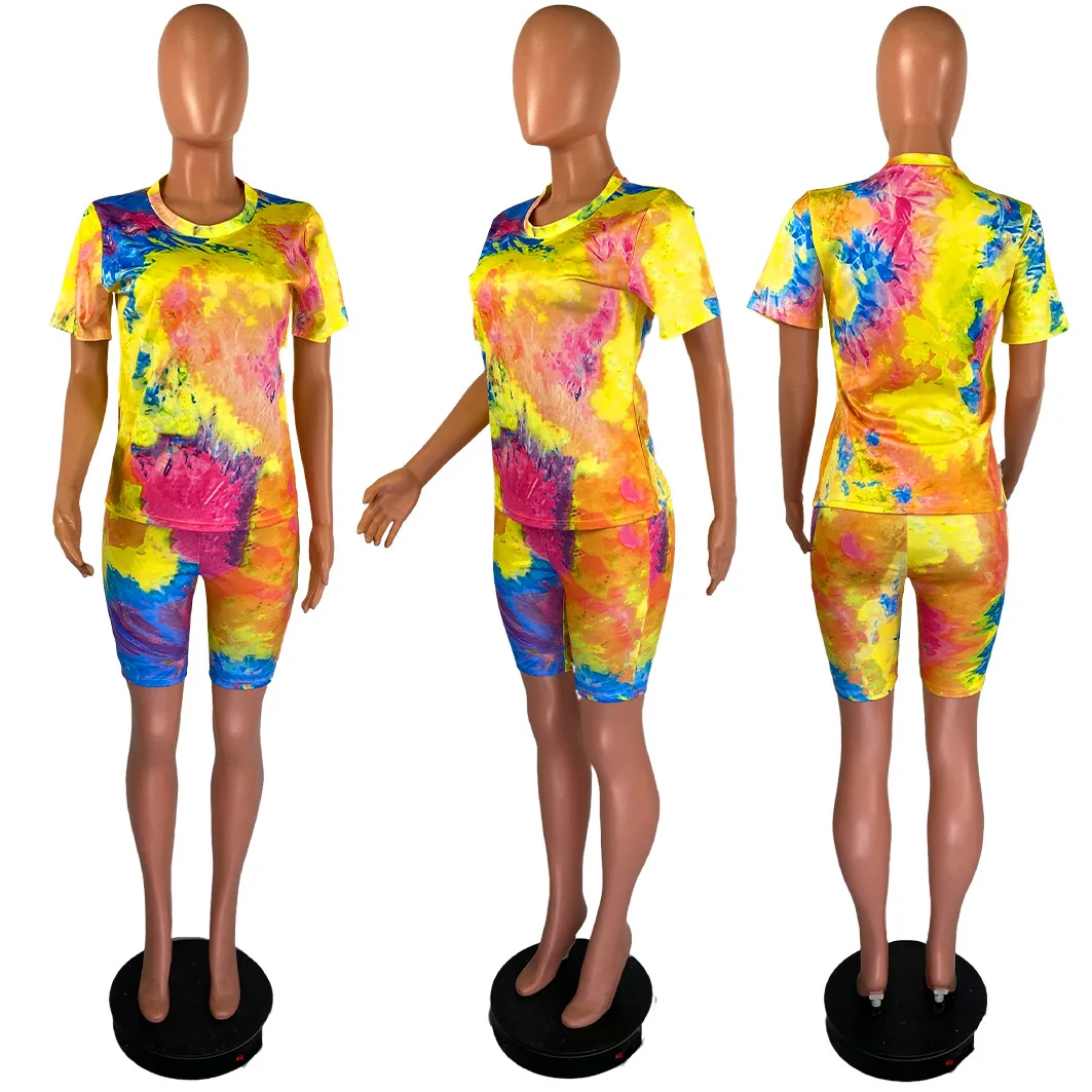 

2020 Summer Women's Suit Tie-dye Print Round Neck Biker Shorts Two Piece Set European and American Clothes