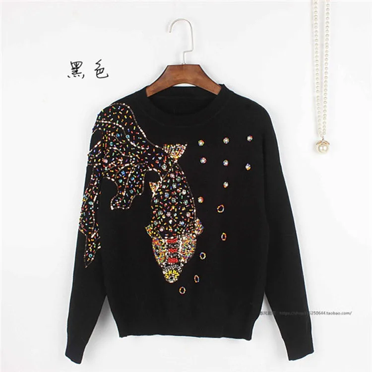 

Luxury Runway New Fashion Blue Heavy Embroidery Flowers Sweater Crystals Beading Knitwear Women Sweaters Pullover AW360