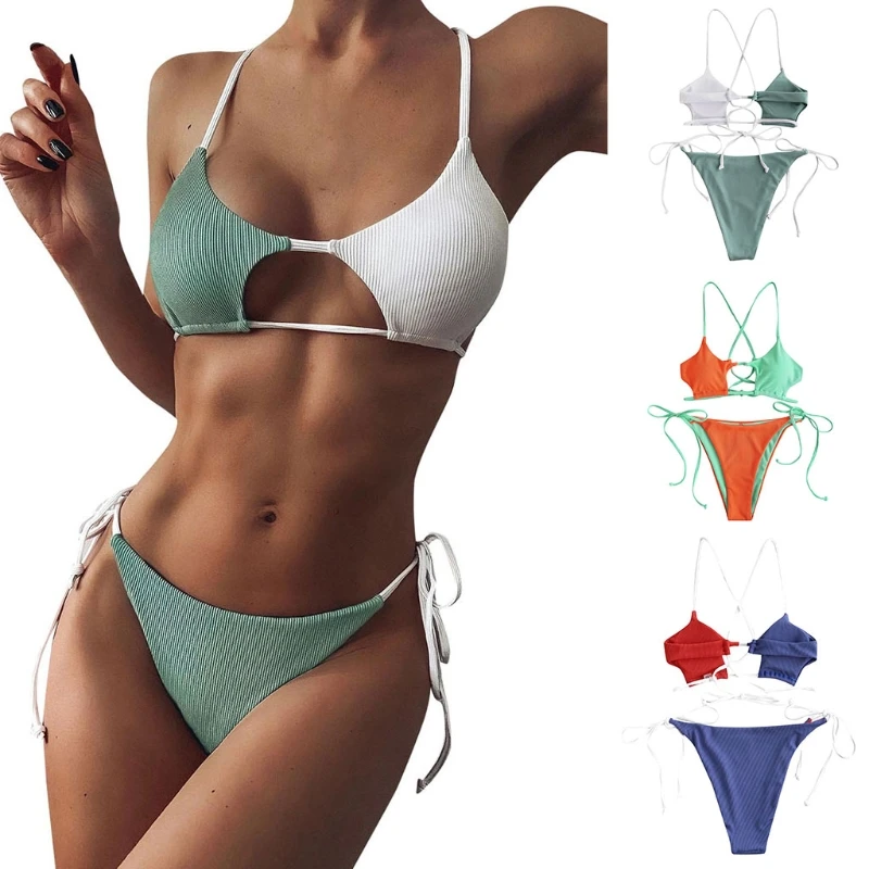 

Triangle Stitching Strappy Swimsuit Fashion Sexy Bikini Women Split Beachwear Summer Spa Beach Surf Sport Splicing Color