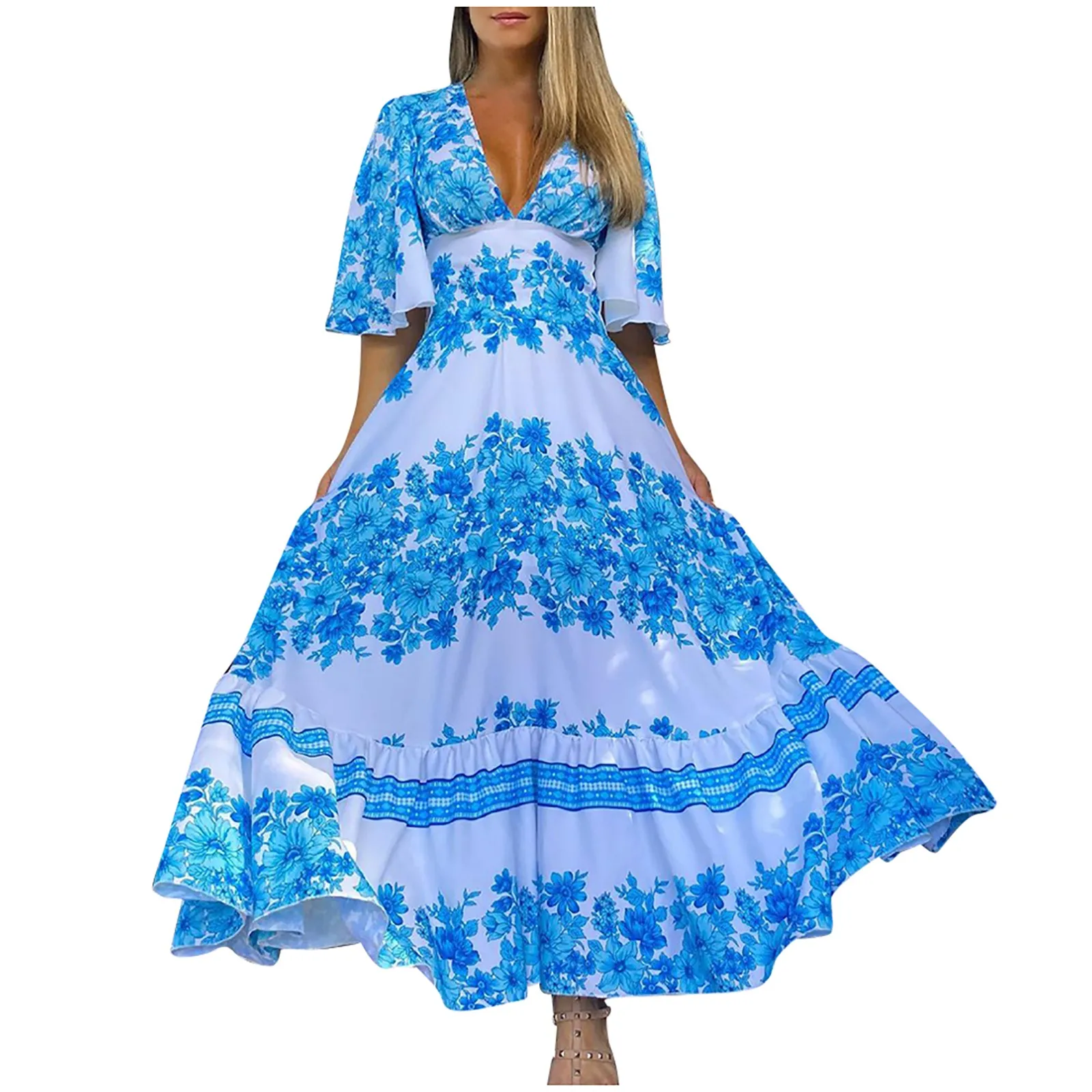 

Women's Dress Europe Pop Bohemian Print Streetwear Beach Holiday Swing Dress Sexy Slim Waist V Neck A Line Maxi Dress Vestidos