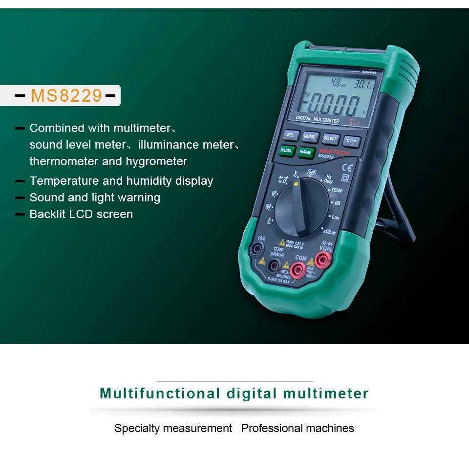 Mastech MS8229 5 в 1 автоматический Диапазон Цифровой мультиметр Многофункциональный Lux Уровень звука температура влажность тестер метр