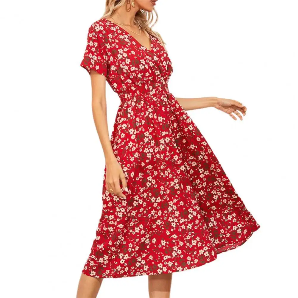 

Женское свободное платье с цветочным принтом и V-образным вырезом