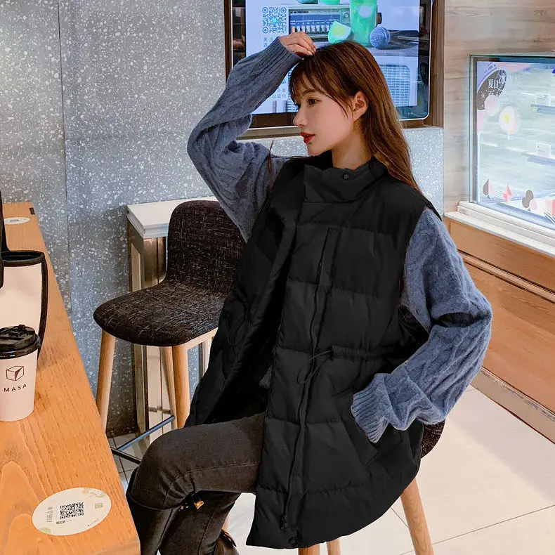 2022 Woman Stand Collar Winter Female Solid Style Vest Solid Cotton Padded Thick Sleeveless Jacket Ladies Casual Outwear Q99