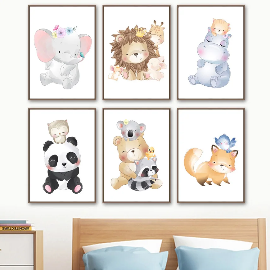 

Elephant Panda Lion Bear Fox Raccoon Hippo Wall Art Canvas Painting Nordic Posters And Prints Wall Pictures Baby Kids Room Decor
