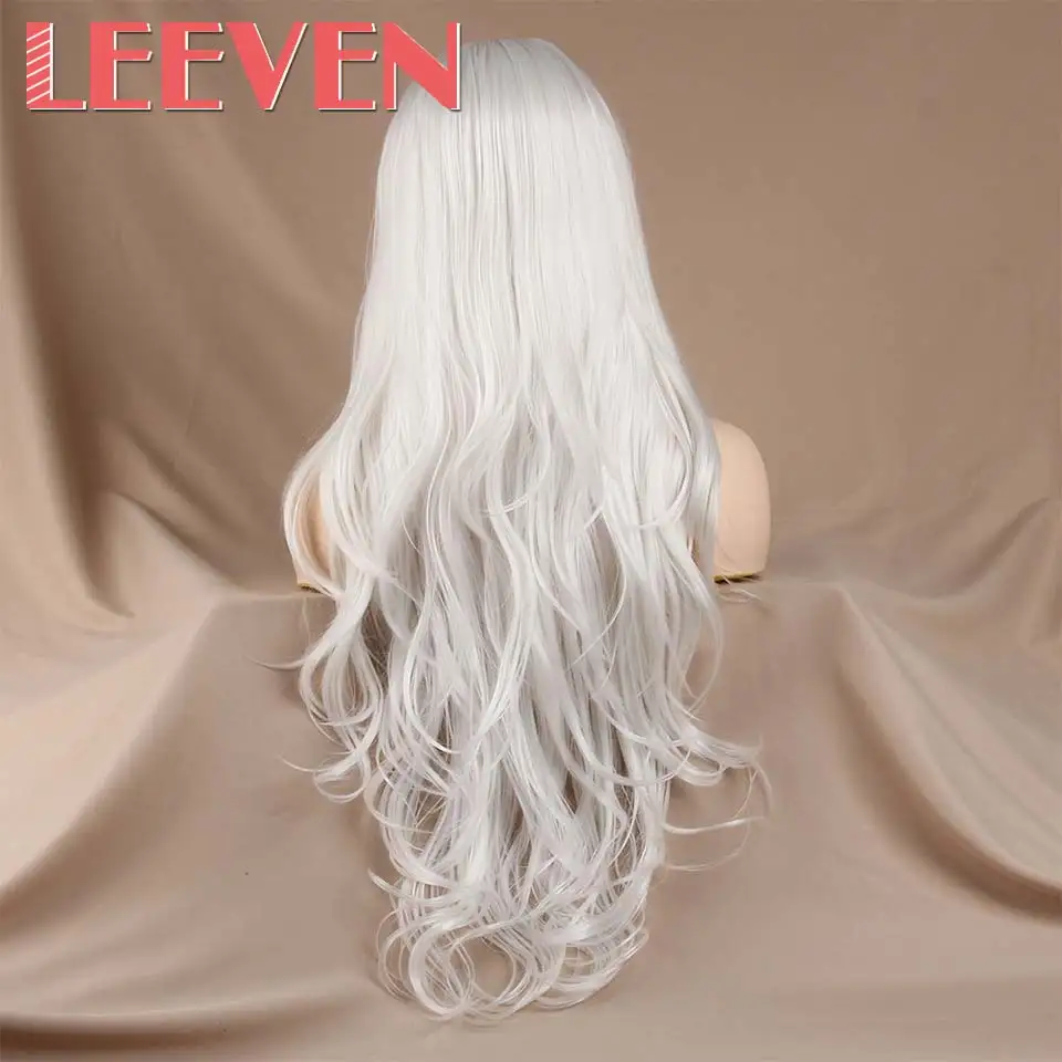 Белый Leeven 24 ''Розовый Оранжевый Фиолетовый парик фронта шнурка медный красный длинные волнистые синтетические парики с детскими волосами 613 блонд имбирный парик - Цвет: Белый