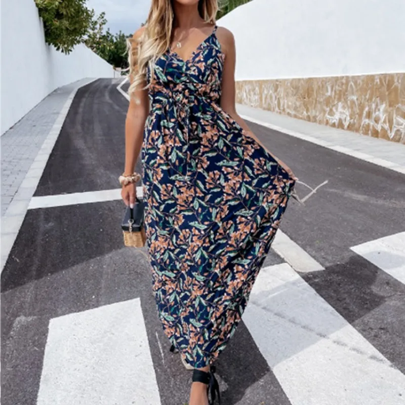 

Women Floral Print Dress Summer Sexy V-neck Backless Long Dresses Female Elegant Bohemian Party Dress Vestido Beach Wear