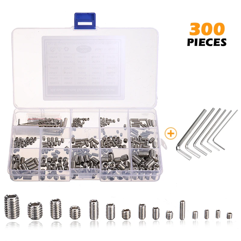 

300Pcs Hex Hexagon Socket Set Socket Hex Grub Screw Cup Point Stainless Steel Assortment Kit M2.5 M3 M4 M5 M6 M8 With Wrenches