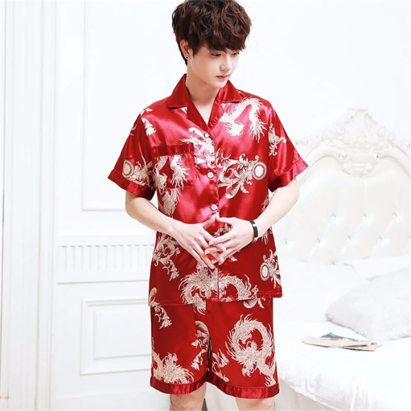 (Top + pants) Men's ice silk short-sleeved pajamas suit casual printing loose and comfortable large size thin lapel home service