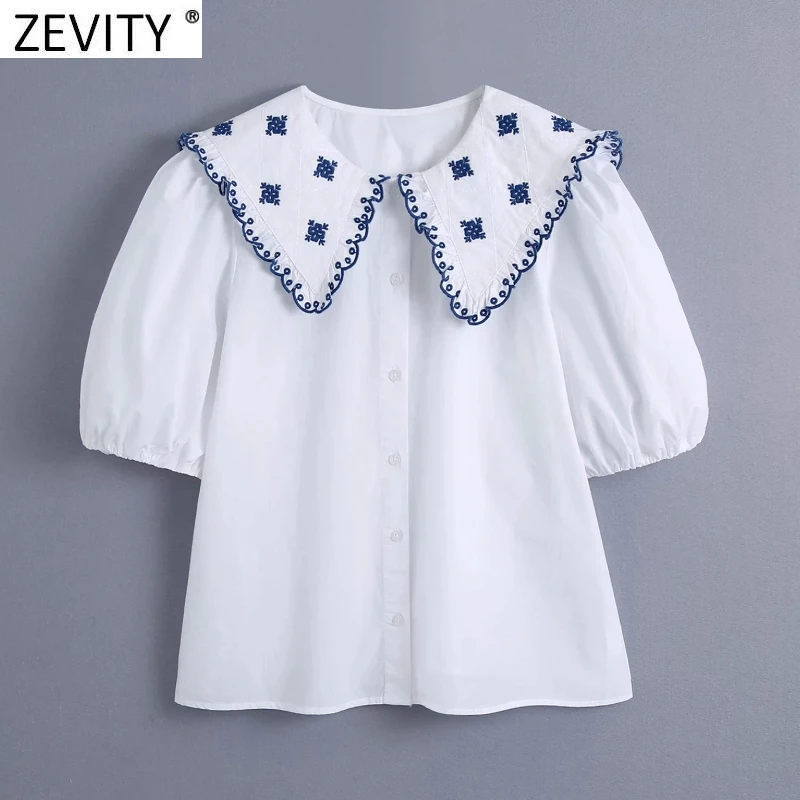 

Zevity Women Agaric Lace Embroidery Patchwork Poplin Shirt Office Lady Puff Sleeve Casual Blouse Roupas Chic Chemise Tops LS9280