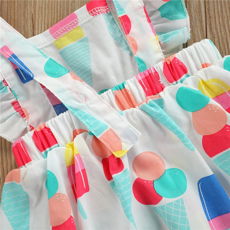 

2021 Summer Breathable Little Girls Dress, Children Sweet Style Creative Ice Cream Printing Fly Sleeve Princess Skirt