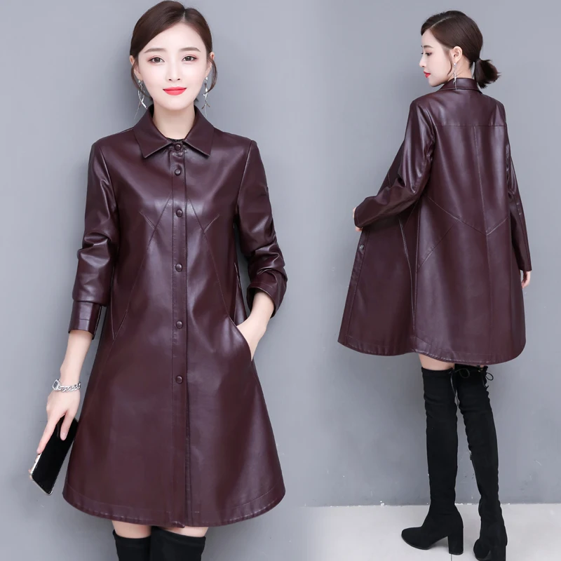 Высококачественная длинная куртка из искусственной кожи женская зимняя осенняя
