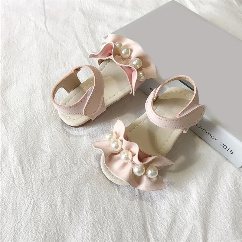 

Baby Girls Summer Sweet Ruffled Pearl Sandals Soft Leather Flat Heels Princess Shoes Infant Non-Slip Beach Shoes