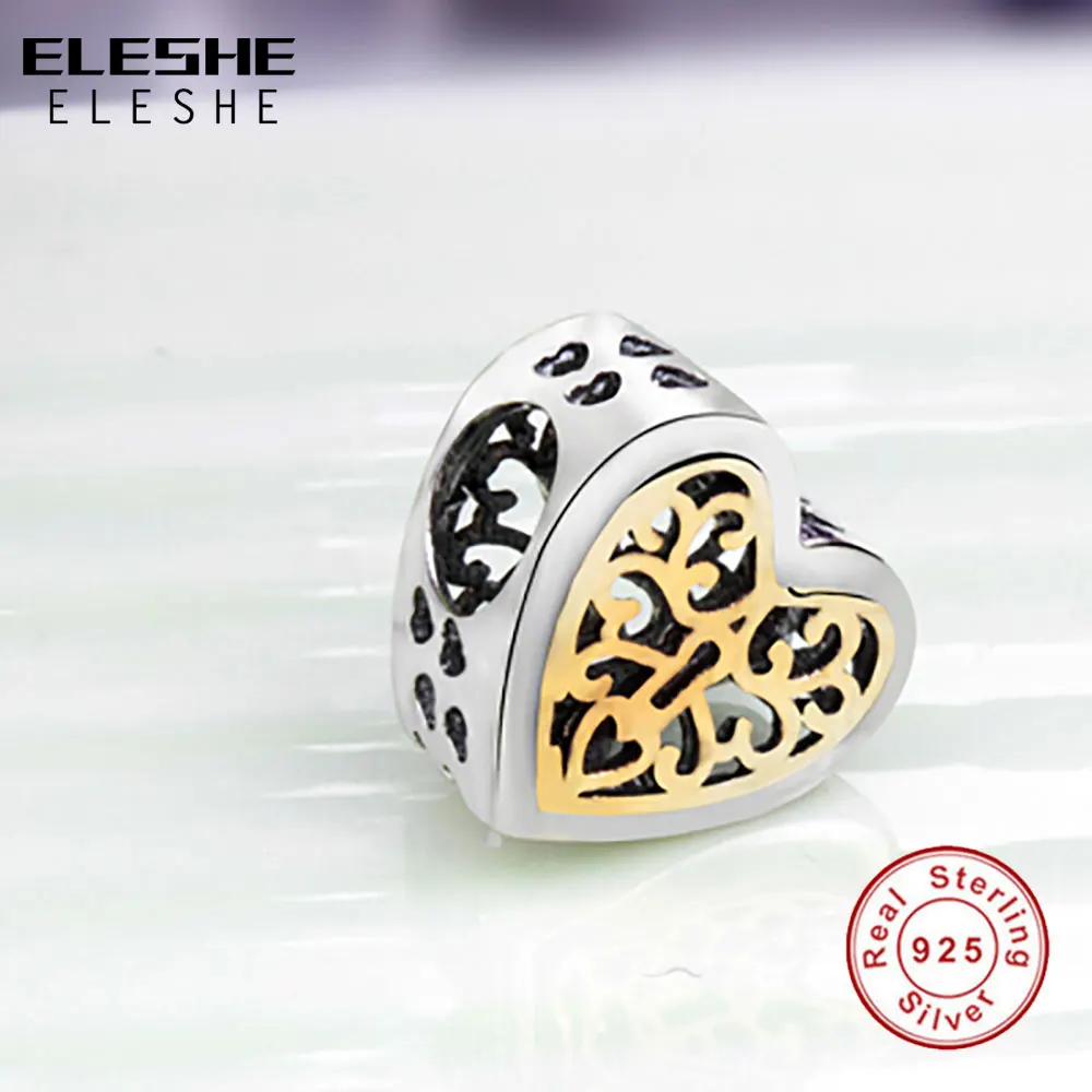 Чистый 925 стерлингового серебра в форме сердца из бисера Золото Цвет Шарм