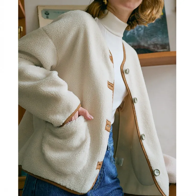 

New Quality Autumn O neck Single Breasted Loose Straight Women French Style Drop Shoulder Palm Pockets Fleece Jacket Coats