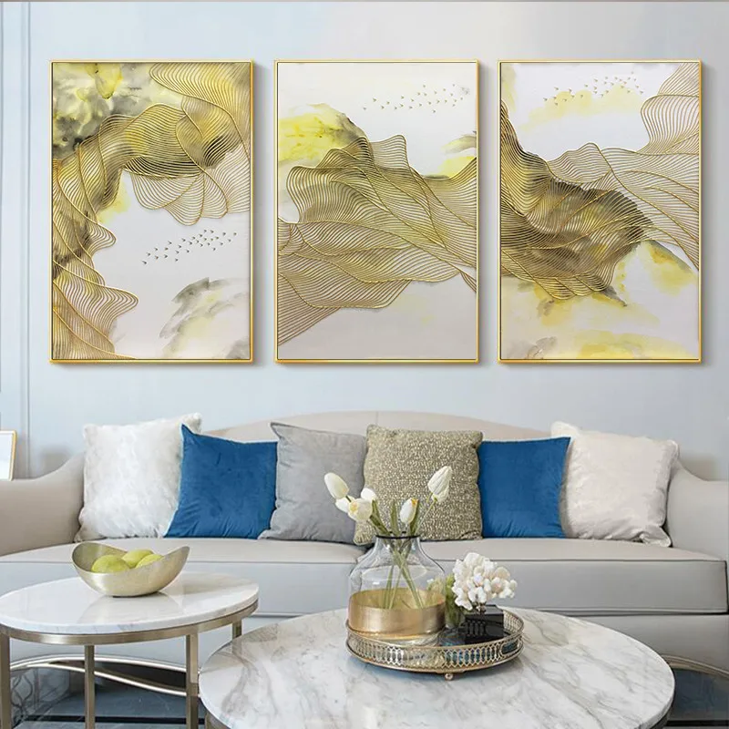 Goede 3 Stuks Gold Lijn Abstract Canvas Schilderij Mountain Landschap Wall Art Foto Voor Woonkamer Thuis Wall Decor Originele Textuur