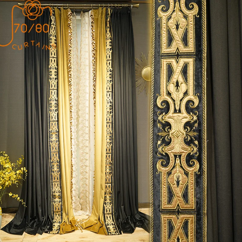 French Retro Light Luxury Lace Velvet Stitching Blackout Curtains for Bedroom Living Room Finished Product Customization