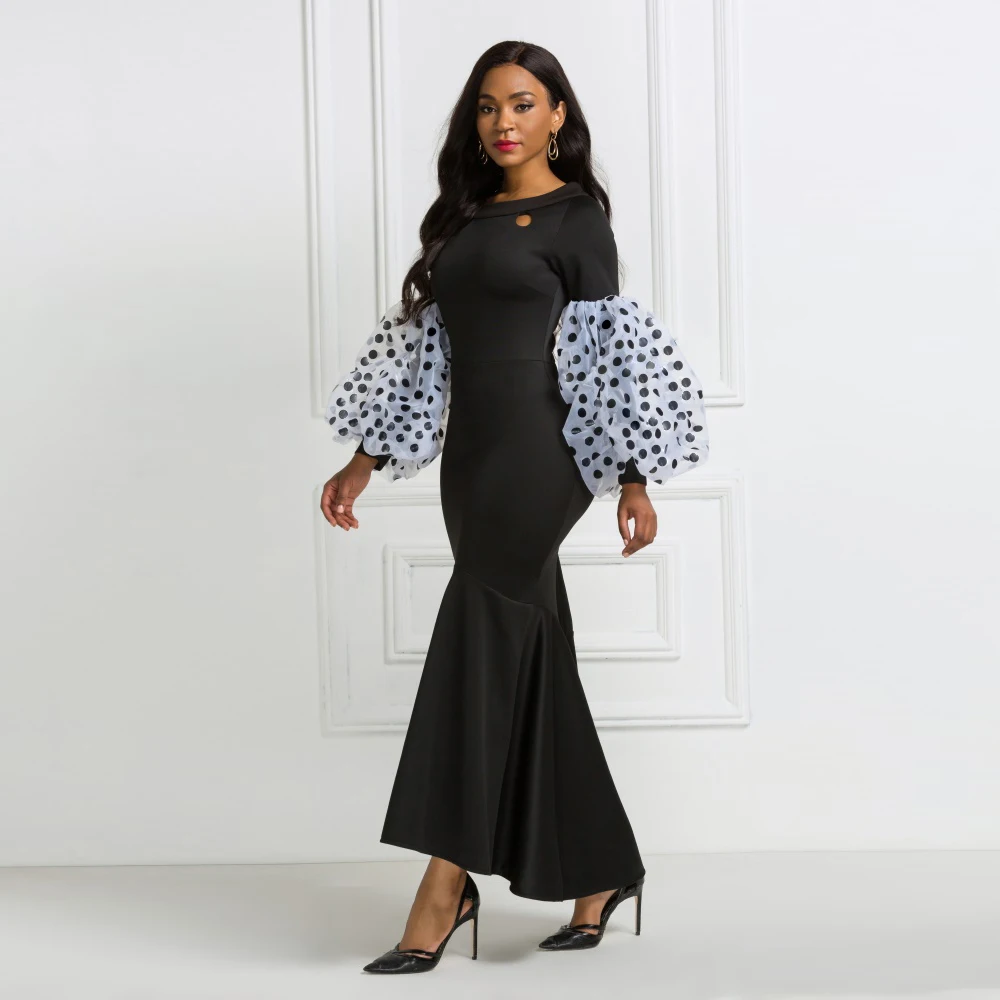 Черное Платье макси с длинным рукавом длинными пышными рукавами в горошек