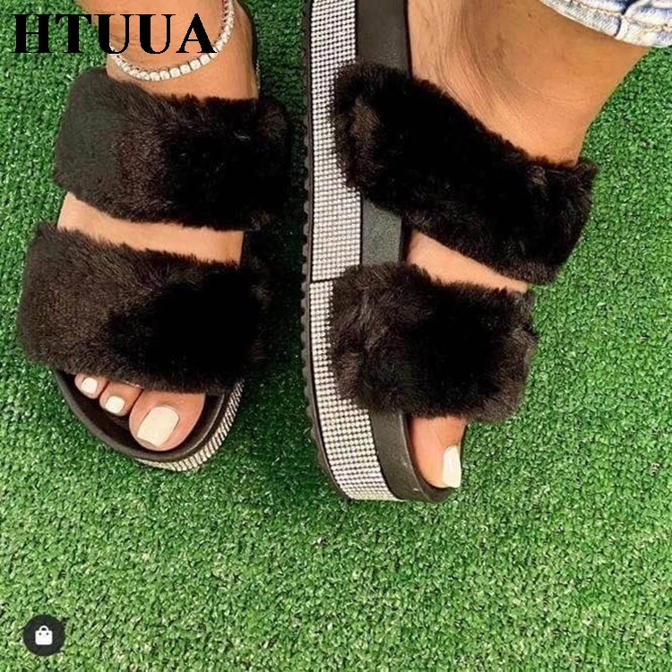 Новинка 2020 женские меховые тапочки HTUUA модные пушистые сланцы из искусственного