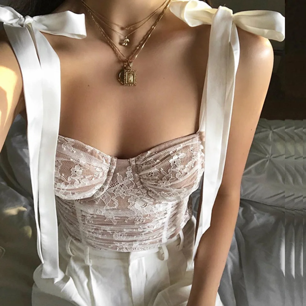 

2021 Crop Tank Top Bandage Lace Top Layer Sexy Tank Top Ruched Camis Tops Women Vintage Streetwear Corset Top