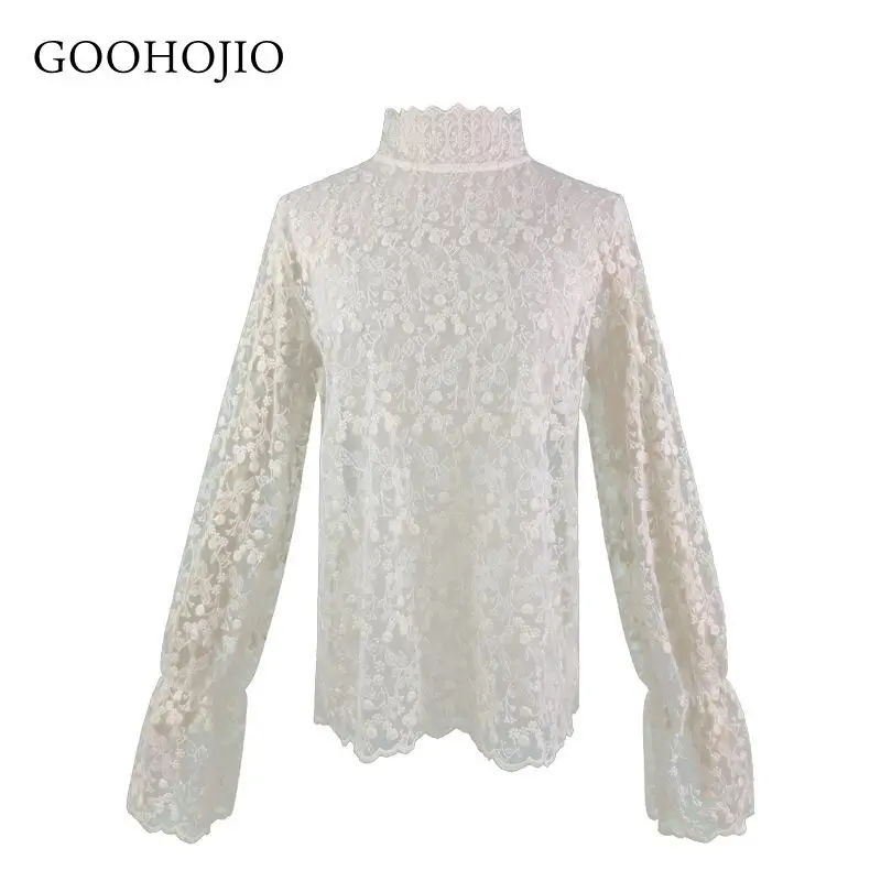 

GOOHOJIO 2021 New Spring and Autumn Flared Sleeves Blouses Women Temperament Inside Pullover for Women Chic Women Lace Blouses