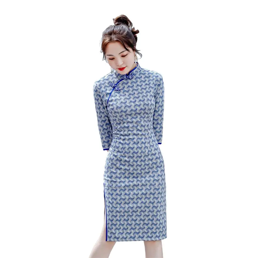 Шанхай история колено длина мода Cheongsam 3/4 рукав бархат Китайский Qipao