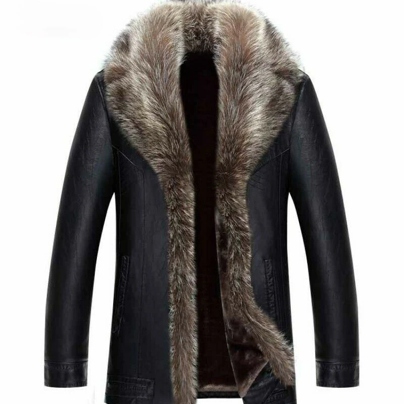 Новая зимняя мужская кожаная куртка с воротником из лисьего меха шерстяная