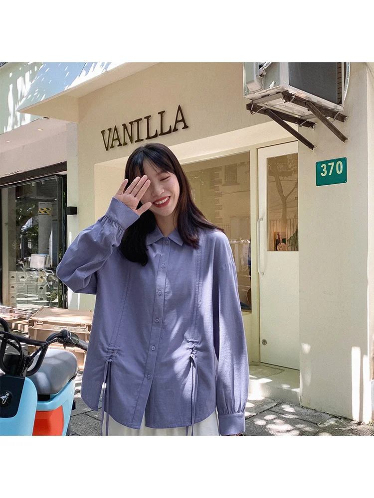Slub Texture Drawstring Shirt Lantern Sleeve Autumn Top For Women | Женская одежда