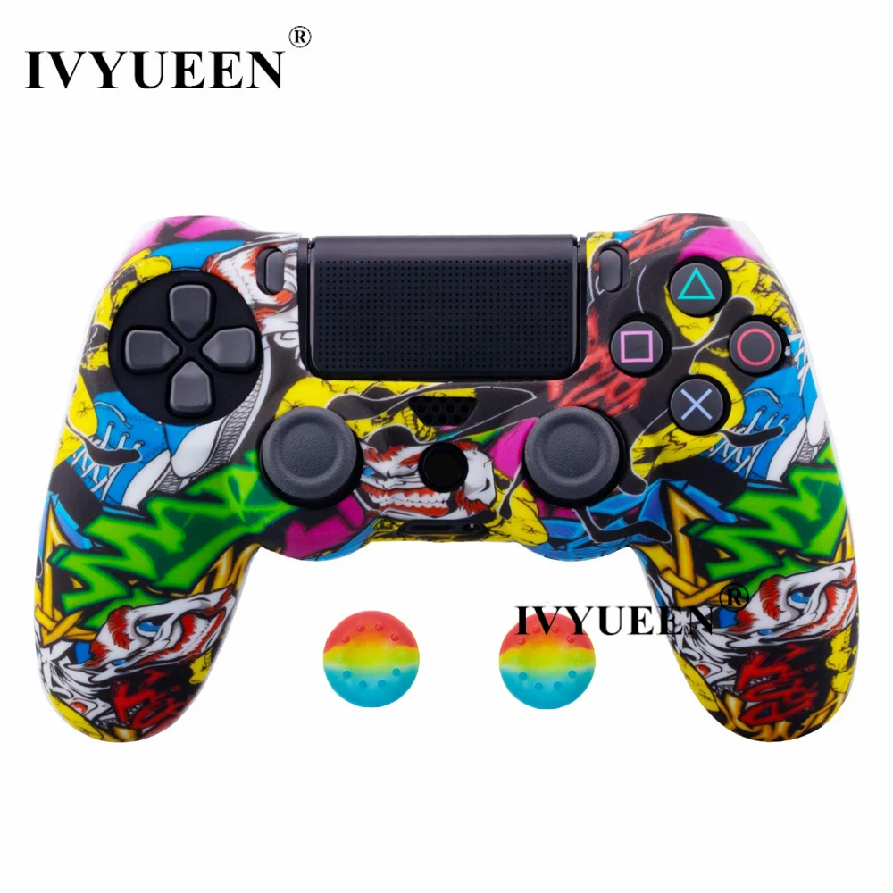 IVYUEEN для sony Dualshock 4 PS4 DS4 Slim Pro контроллер силиконовый камуфляжный чехол защитная кожа+ ручка для большого пальца колпачки для Play Station 4 - Цвет: Graffiti D