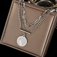 no fading european and american double sided three layer portrait necklace harbor wind retro minority collarbone chain