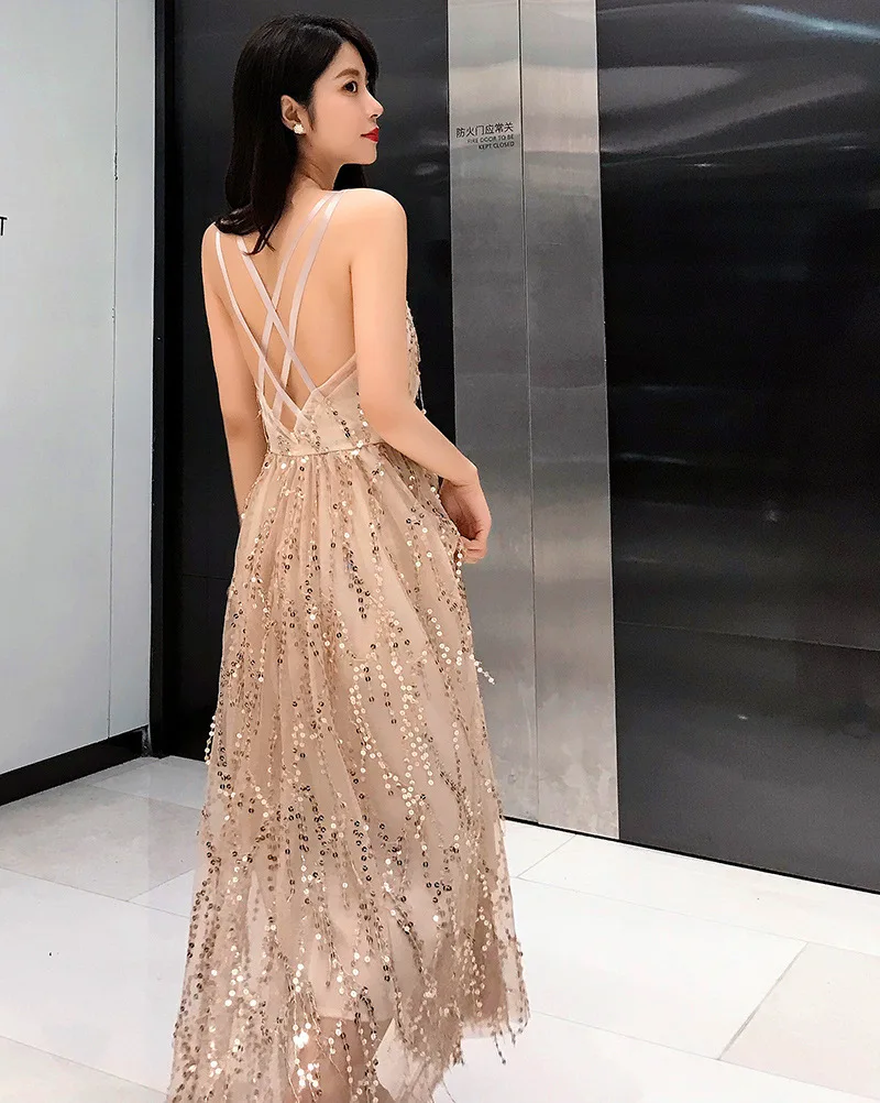 

Summer Ladies Halter Strap Dress V-neck Sequined Mesh Party Dress Skirt