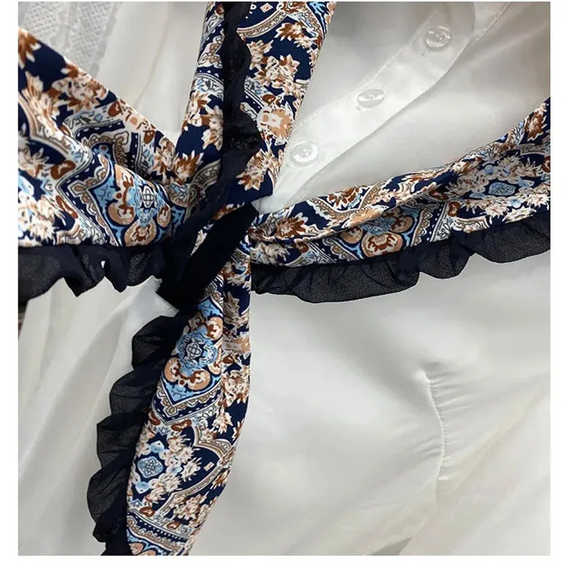 

Patchwork Print Silk Scarf Shirt Women Spring Fashion Long Sleeve Design Blouses Casual Button Turn-Down Collar Pullover Tops