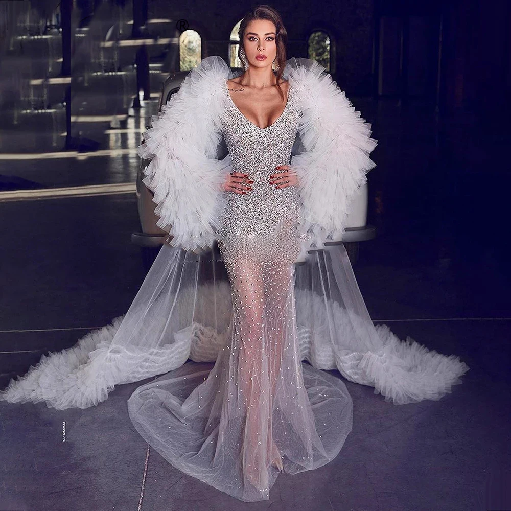 

Heavy Beading Mermaid Prom Dresses with Cape Luxury Puffy Long Sleeves Tulle Court Train Chic Evening Gown Party Formal Dress