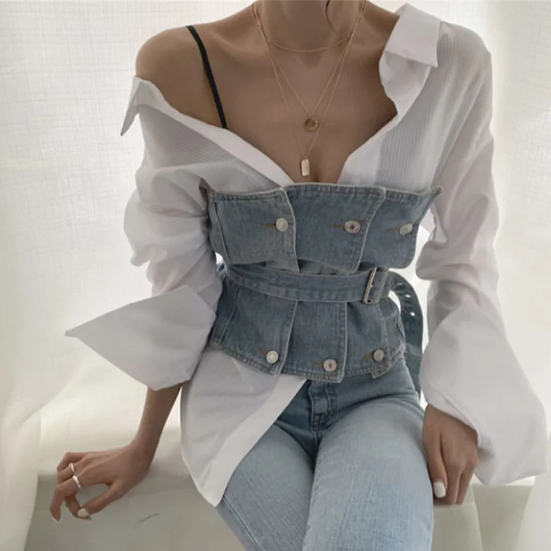 Шикарный пикантный личности в полоску с отложным воротником и белая рубашка +