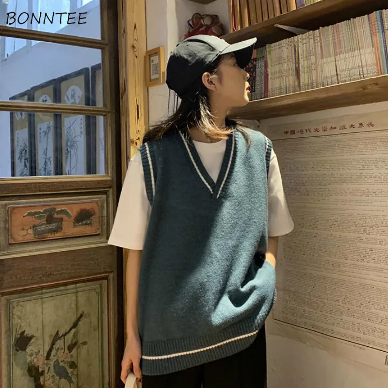 

Sweater Vest Women Students Knitting Top Simple V-Neck Striped Korean Style Ulzzang Daily BF Womens Clothing All-match Loose 2XL