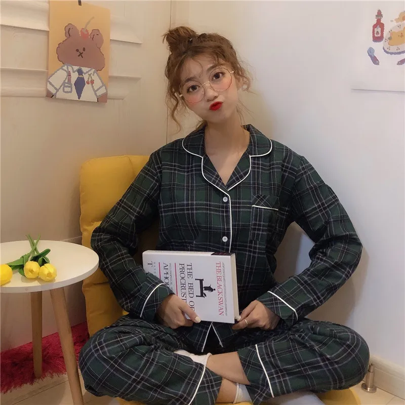 2019 зимние женские пижамные комплекты клетчатые хлопковые пижамы с длинным