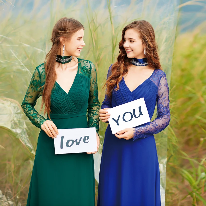 Женские кружевные вечерние платья Ever Pretty, вечерние наряды разных цветов, с V-образным вырезом, длинным рукавом, больших размеров, для выпускного вечера, вечеринки, EP08692, осень