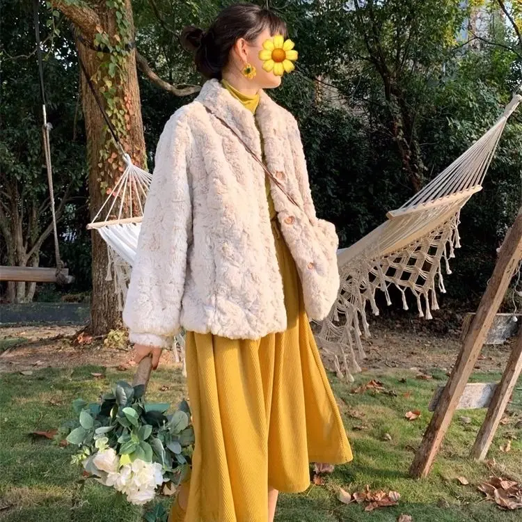 

Faux Fur Warm Coat Furry Outwear Women White Pocket Female Teddy Bear Coat Autumn Fake Fur Lambswool Coat Winter Outwears