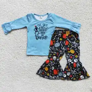 Autumn Winter Girl&#39;s Clothes Letter Printed Blue Long-sleeved T-shirt And Black Printed Black Flared Pants Suit