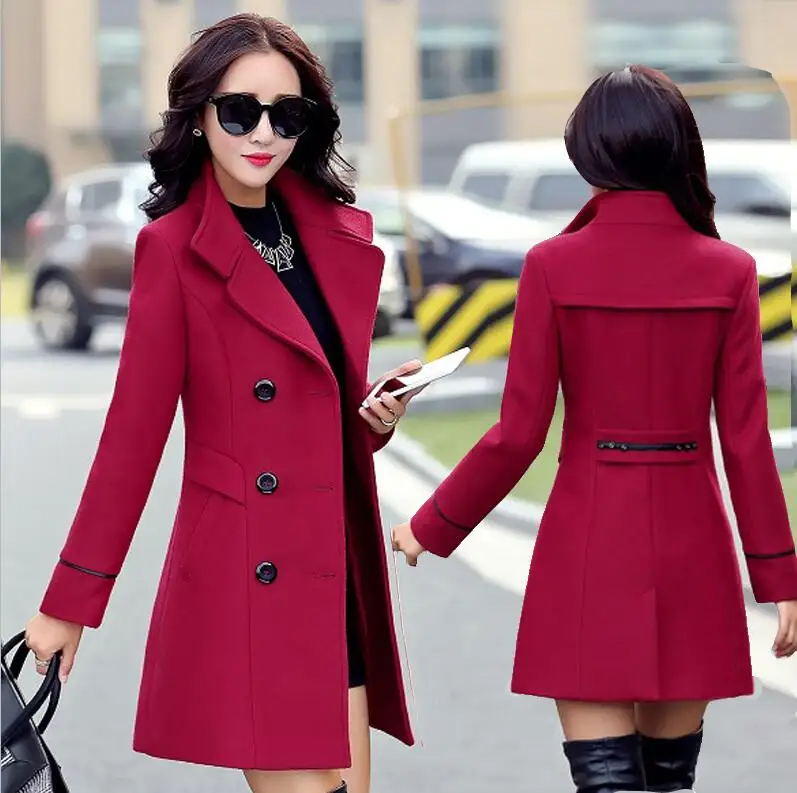wine red Осень Зима Новое модное женское облегающее шерстяное пальто Женская куртка кашемировое пальто с отворотом теплая куртка женская шерстяная верхняя одежда - Цвет: wine red