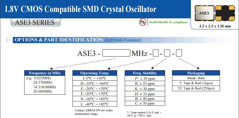 

50PCS/ ASE3-50.000MHZ-K-T 1.8V 30ppm ABRACON active chip crystal oscillator 50M 50MHZ