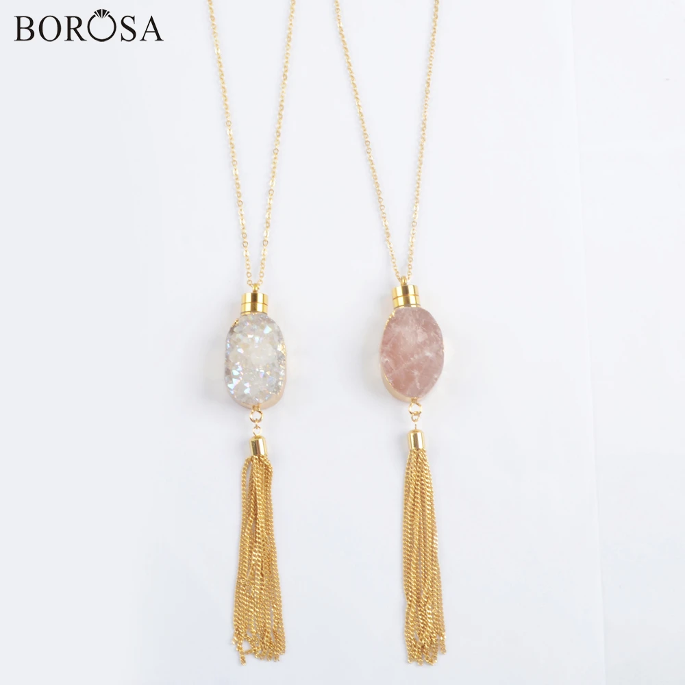 Кварцевые амулеты BOROSA с золотым покрытием и кисточками из натурального агата